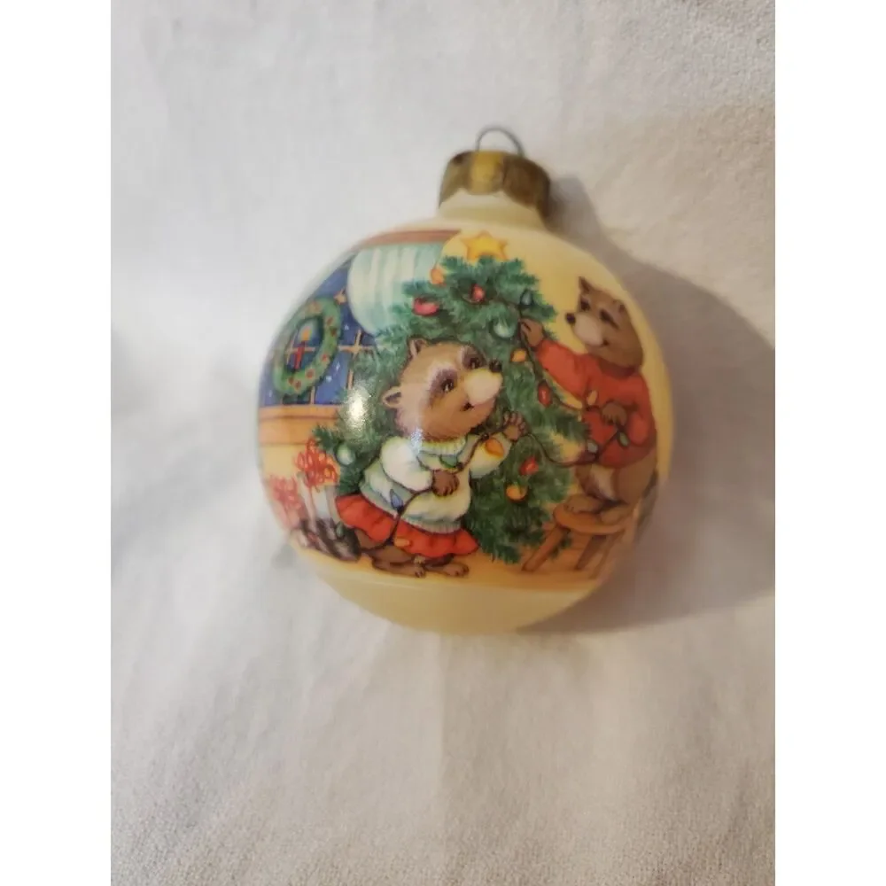 Hallmark 1990 Keepsake Ornament Our First Christmas Together Glass Ball Raccoons